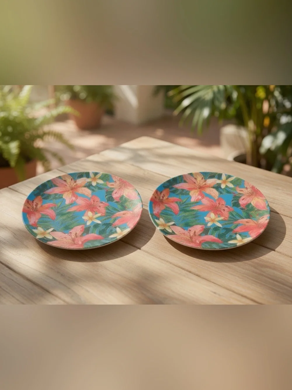 Tommy Bahama 11” Melamine Plates Set of 2 Tropical Lily Floral Shimmer Outdoor